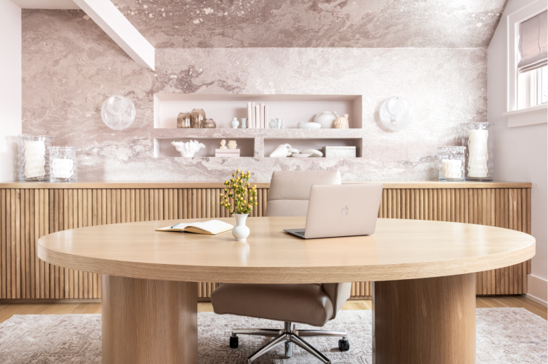 westport connecticut interior design girl office boss sarah thurston wallpaper pink custom desk